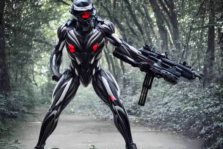 Image similar to Crysis Nanosuit soldier in battle 2022, Canon EOS R3, f/1.4, ISO 200, 1/160s, 8K, RAW, unedited, symmetrical balance, in-frame, combat photography