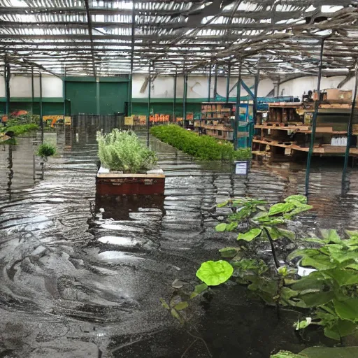 Image similar to The gardening center section of a Lowe's Warehouse, completely flooded