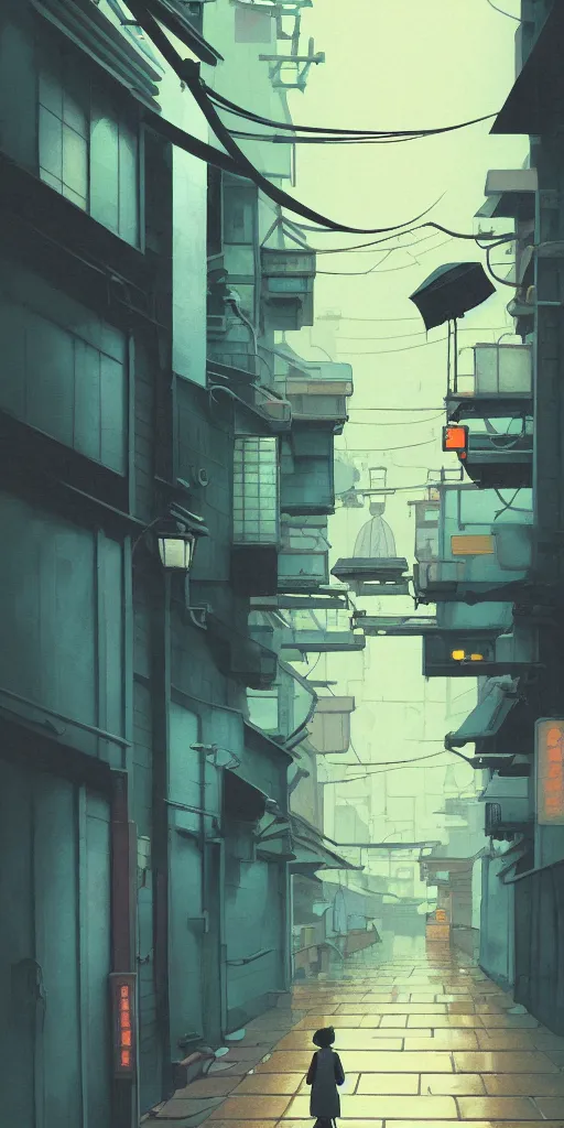 Image similar to tokyo alleyway, rainy day, scooter, by cory loftis, makoto shinkai, hasui kawase, james gilleard, beautiful, serene, peaceful, lonely, golden curve composition