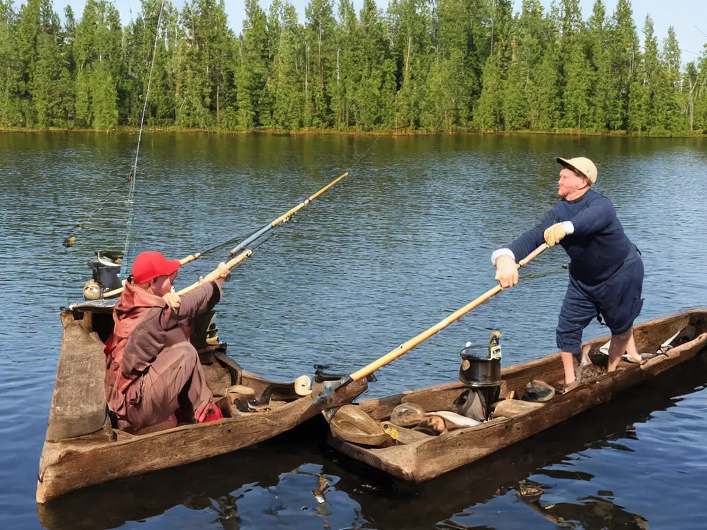 Image similar to disney's goofy fishing with rod from old wooden rowboat on a finnish lake