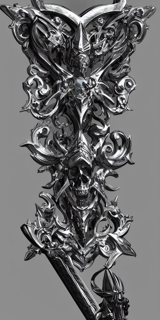 Image similar to a black and silver sword skull crest, ornament, weapon, a 3 d render by dom qwek, front side, concept art, trending on polycount, artstation, hard surface modeling, zbrush, hd, blizzard, symmetry