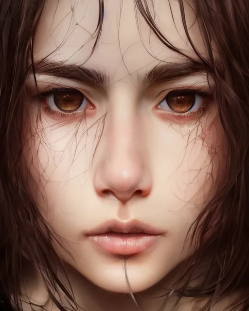 Prompt: 1 5 - year old girl with thick brown hair, large front teeth, and bright piercing brown eyes, hyper realistic face, beautiful eyes, character art, art by artgerm lau and wlop and and ilya kuvshinov and john singer sargent, hyperdetailed, symmetrical, cryengine, trending on artstation, digital art