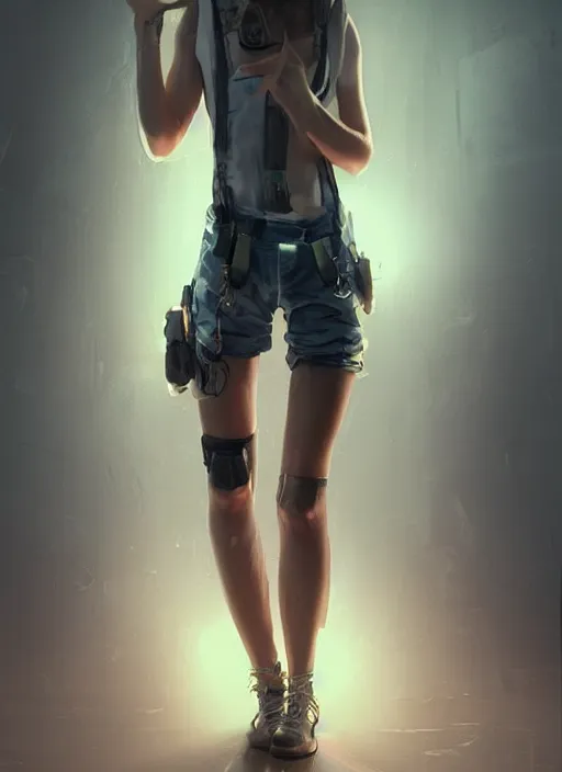 Image similar to a beautiful girl posing on the floor, wearing shorts with suspenders, cyberpunk, dramatic lighting, high detail, concept art, artstation, by Paolo Eleuteri Serpieri