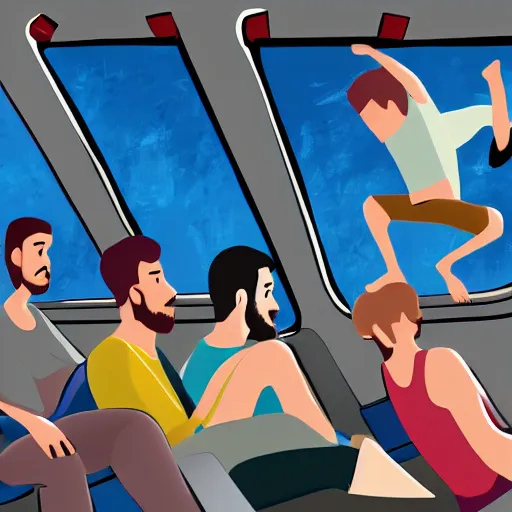 Prompt: a man is sitting in an airplane, watching his friends enjoy bouldering in a gym. award - winning digital artwork