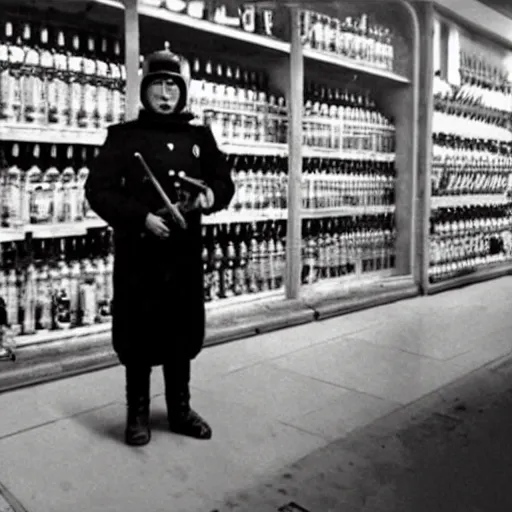 Prompt: photo of the first russian robot policeman guarding a vodka store, babushkas visible in the background