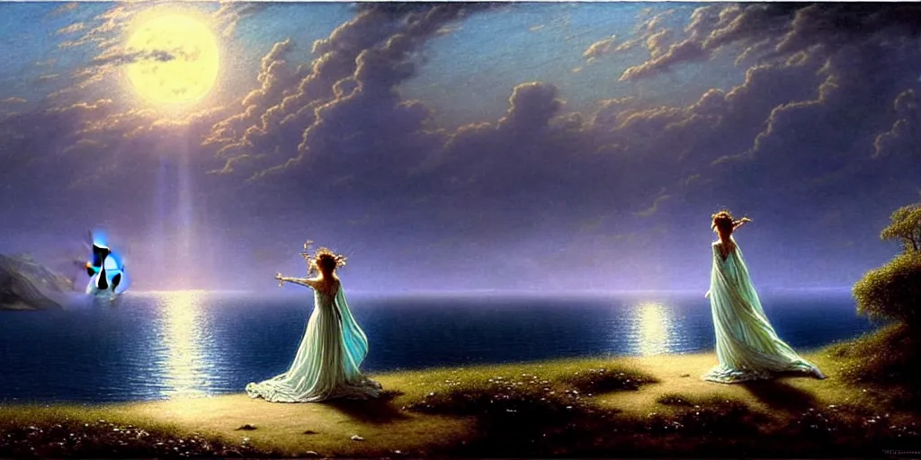 Image similar to an elegant fairy queen in a blue lace dress dancing looking out at a lord of the rings scenery landscape, staring across the sea at a white timber sail boat, evening, god's rays highly detailed, vivid colour, soft clouds, full moon, cinematic lighting, perfect composition, gustave dore, derek zabrocki, greg rutkowski, belsinski