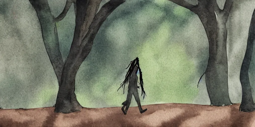 Image similar to side shot of a man with dreadlocks walking while playing the guitar with trees in the background, in watercolor style, animation, concept art