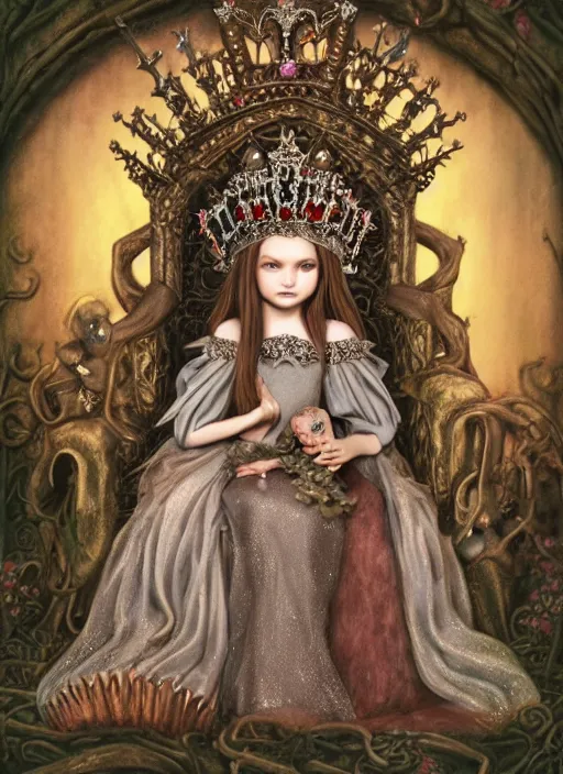 Image similar to highly detailed closeup portrait of a goth fairytale medieval princess wearing a crown and sitting on a throne, surrounded by cute medieval goblins, unreal engine, nicoletta ceccoli, mark ryden, earl norem, lostfish, global illumination, god rays, detailed and intricate environment