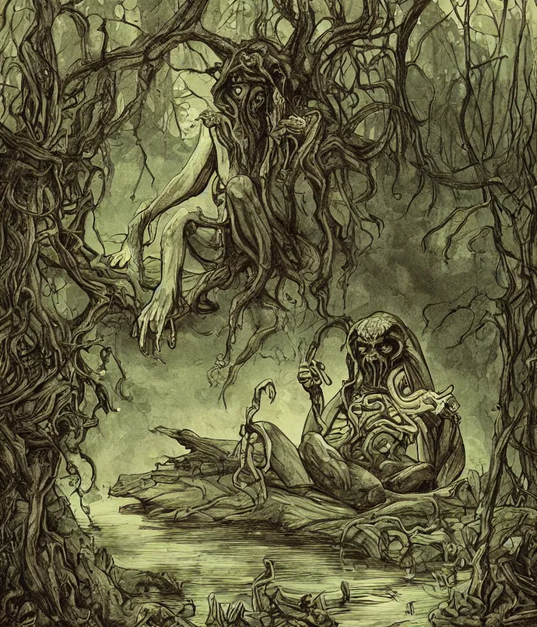 Prompt: illustration in the style of daniel danger of cthulhu sitting by a pond in the forest