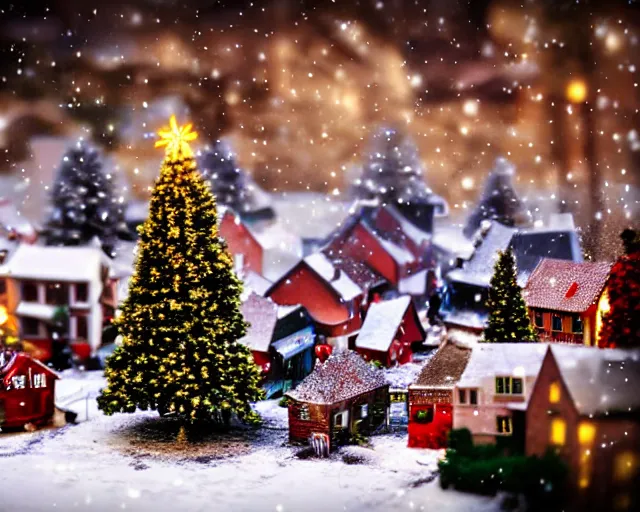 Prompt: dream a miniature festive and christmas village in the snow, tilt - shift, lit up christmas trees, winter atmosphere, soft filter, photography, depth of field