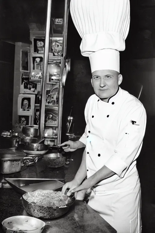 Prompt: A chef with a chef's hat taller than him, Ansel Adams