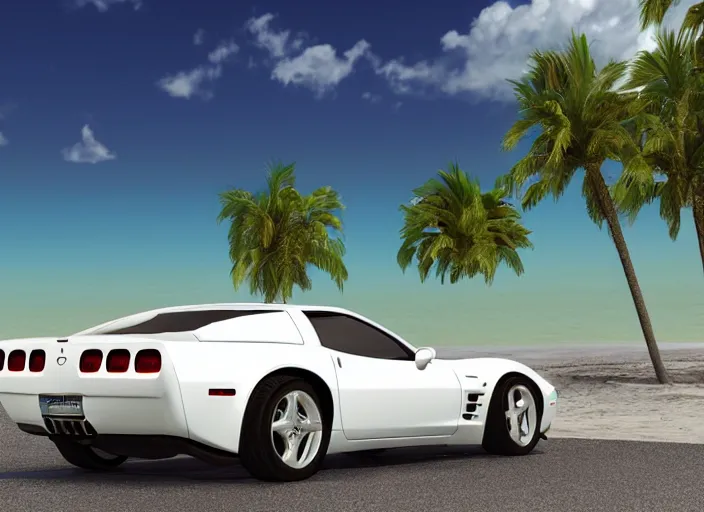 Image similar to hyperrealism, detailed textures, photorealistic 3 d render, a dreamy beach in cuba, a photo realistic 1 9 9 9 corvette stingray with a blazing pearl white colour scheme, mickey thompson tires, centrerline rims, sharp focus, ultra realistic, ultra high pixel detail, cinematic, intricate, cinematic light, concept art, illustration, art station, unreal engine 8 k