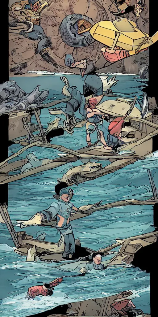 Image similar to comic book about a crew battling a sea creature