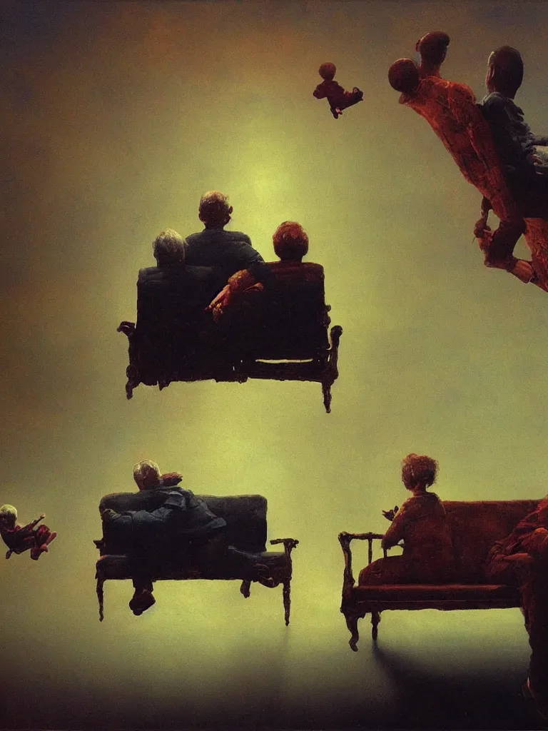 Prompt: old couple sitting on a couch in front of a boy flying in sky, psx game graphics , Beksinski painting, part by Adrian Ghenie