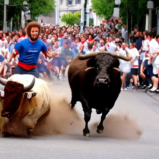 Image similar to screaming bob ross running from a bull in pamplona spain