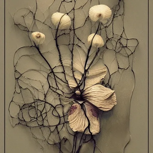 Prompt: The computer art is a beautiful and haunting work of art of a series of images that capture the delicate beauty of a flower in the process of decaying. The colors are muted and the overall effect is one of great sadness. knitting patterns by Craola meticulous