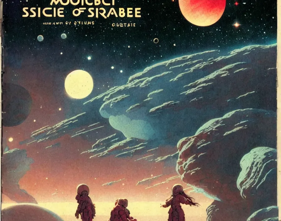 Image similar to illustrated by moebius and greg rutkowski, romantic!!! space scene!! with standing young girl!!!!, orbit of earth!, futuristic orbital station!!!!, nebulae!!, starry sky!!, rule of third!!!!, vintage cover of sci - fi magazine, cinematic!!