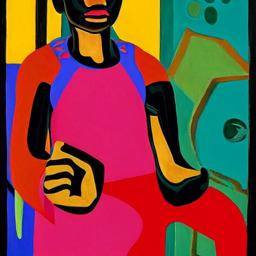 Image similar to A painting. A rip in spacetime. Did this device in her hand open a portal to another dimension or reality?! Mesoamerican, neo-expressionism by Jacob Lawrence, by Iain Faulkner forbidding, vivid