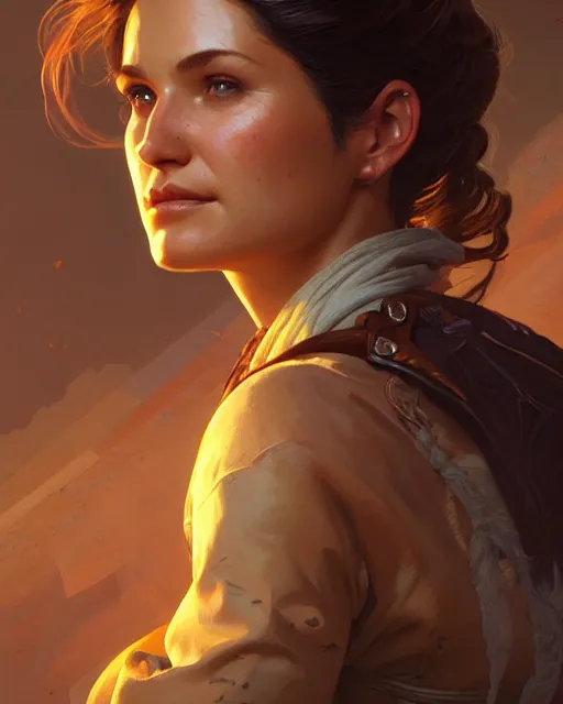 Image similar to Elena Fisher (Uncharted), closeup, D&D, fantasy, intricate, elegant, highly detailed, digital painting, artstation, concept art, matte, sharp focus, illustration, hearthstone, art by Artgerm and Greg Rutkowski and Alphonse Mucha