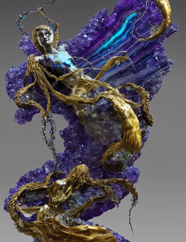 Image similar to a sculpture of a winged child made from blue and emerald and amethyst crystal geode formations with floawing marble water with obsidian base with liquid gold tendrils flowing by ellen jewett by stanisław szukalski, octane render, byzantine, spirals, elestial crystals, geode,