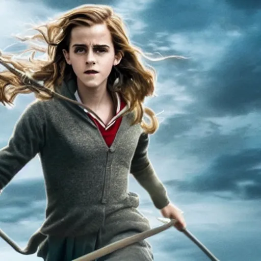 Prompt: Still of Emma Watson as Hermione Granger flying on a Nimbus2000. Prisoner of Azkaban. During golden hour. Extremely detailed. Beautiful. 4K. Award winning.