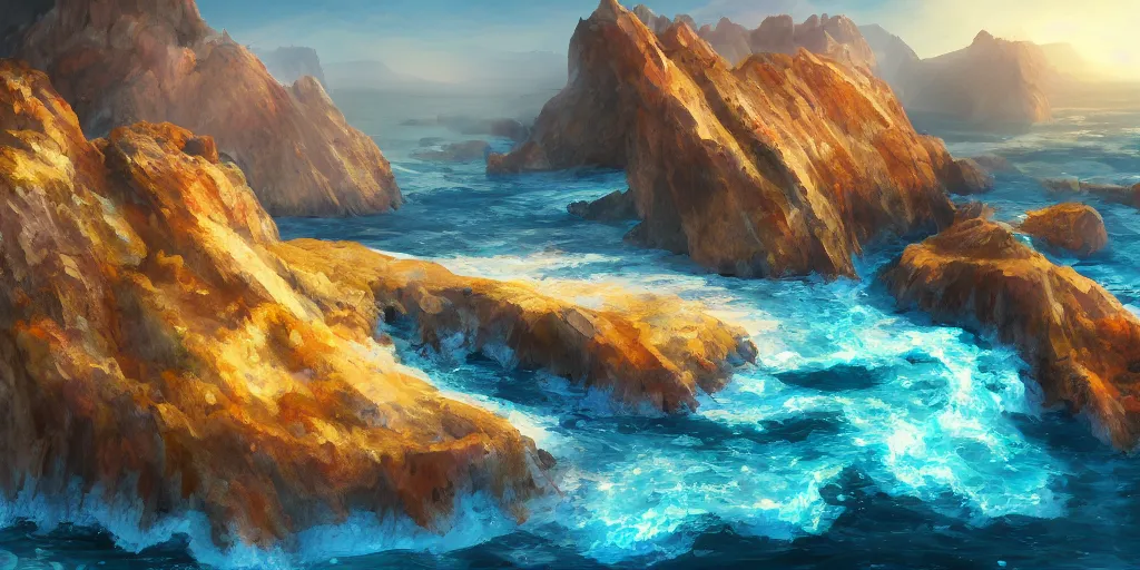 Image similar to salt covered islands surrounded by colourful rugged quartz cliffs, illustration, bright sunlight, sun glints, sunrays, digital art, oil painting, fantasy, 8 k, trending on artstation, detailed