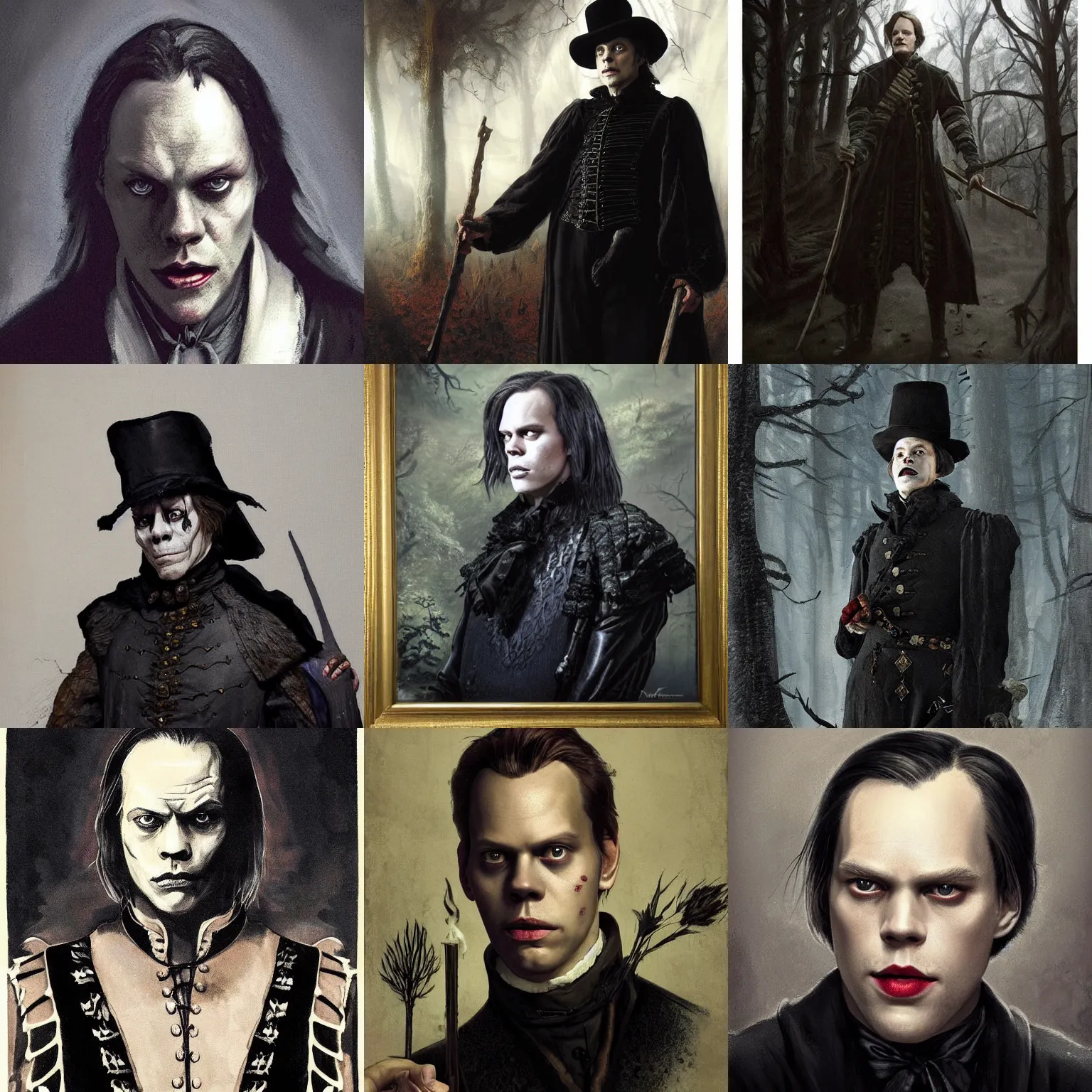 Prompt: portrait of attractive, bored Bill Skarsgård's Cromwell as a count of the forrest, dressed in black. The background is a dark, creepy eastern europen forrest. night, horroristic shadows, high contrasts, lumnious, theatrical, character concept art by ruan jia, thomas kinkade, and J.Dickenson, trending on Artstation