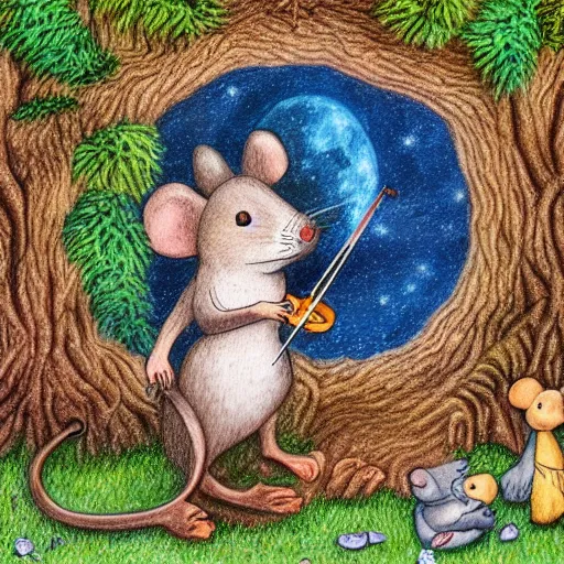 Image similar to mouse playing violin, fantasy forrest background, moonlight, coloured pencil, detailed, medium shoot