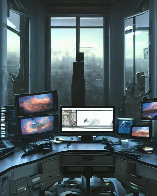 Prompt: artstation scifi scene of a complex computer workstation in a small studio apartment room, many monitors, many electronics, a sunset window view, a floor plant, very detailed, maximalism, ambient occlusion, volumetric light, atmospheric haze, unreal engine, hyper realism, realistic shading, cinematic composition, realistic render, octane render, detailed textures, photorealistic, wide shot