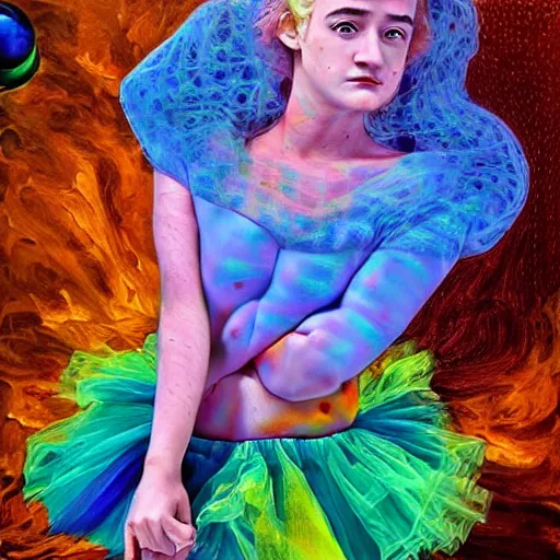 Image similar to surrealism psychedelic portrait sketch of julia garner as delirium of the endless in fishnet top and rainbow tutu skirt from the sandman, floating goldfish, green and blue eye heterochromia by alex ross, josh kirby, detailed, elegant, intricate