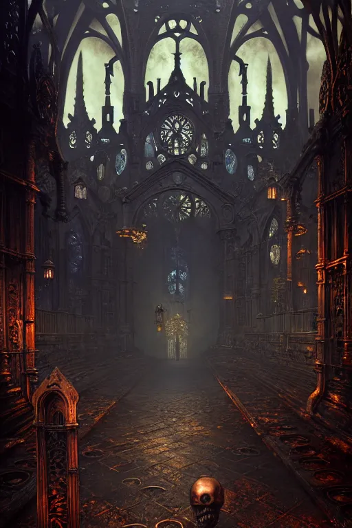 Image similar to steam necropolis, memento mori, gothic, neo - gothic, art nouveau, hyperdetailed copper patina medieval icon, stefan morrell, philippe druillet, ralph mcquarrie, concept art, steampunk, unreal engine, detailed intricate environment, octane render, moody atmospherics, volumetric lighting, ultrasharp, ominous, otherworldly