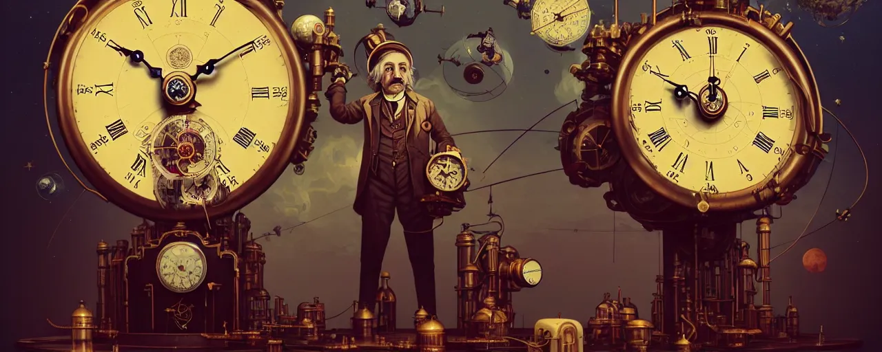 Image similar to duotone steampunk illustration 3 / 4 portrait of albert einstein measuring time on vintage steampunk clock in outer space. golden ratio accidental renaissance. by sachin teng and sergey kolesov and ruan jia and heng z. graffiti art, scifi, fantasy, hyper detailed. octane render. concept art. trending on artstation