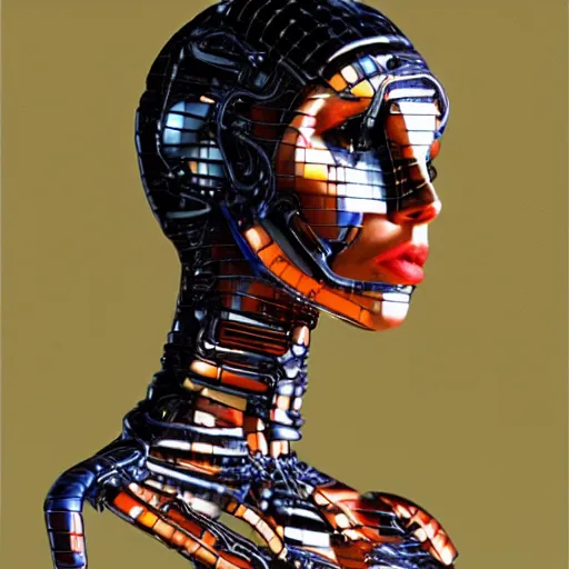 Prompt: ultra realistic painting of half woman half robot in plastic style. highly detailed. elegant, centered, fine details