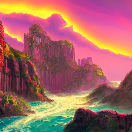 Image similar to ancient ruins in a canyon, retrowave epic art, trending on art station