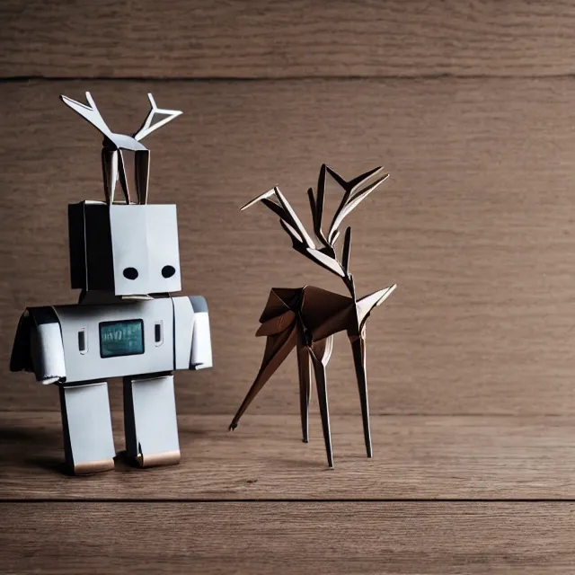 Image similar to a photograph of a deer origami and a robot origami on top of a wooden table