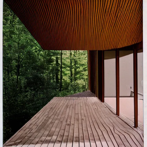 Prompt: architecture ad for a mid-century modern house in the middle of the wood designed by Santiago Calatrava. Film grain, cinematic, colorized, yellow hue.