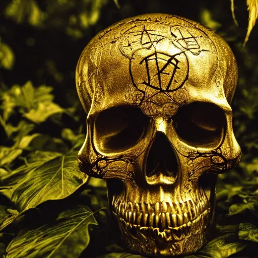 Image similar to chiaroscuro Still life photo of ray of light shining on golden skull completely etched with detailed and intricate ancient rune symbols, and overtaken by plant ivy filigree, in a Vast jungle background, by ayami kojima