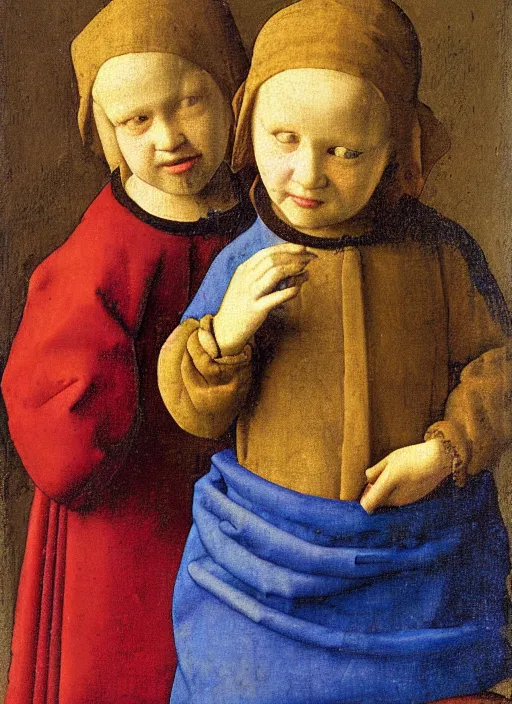 Prompt: Two little brothers look at each other, medieval painting by Jan van Eyck, Johannes Vermeer, Florence