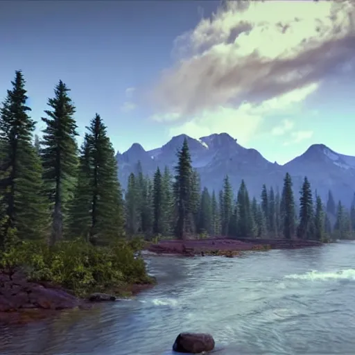 Prompt: « mountain in the background, a river in the middle ground, trees, a bear near a tree, glowing light, photorealistic, unreal engine 5, sharp focus, some rocks in the river, some birds in the sky, and a small woody house on the right far »