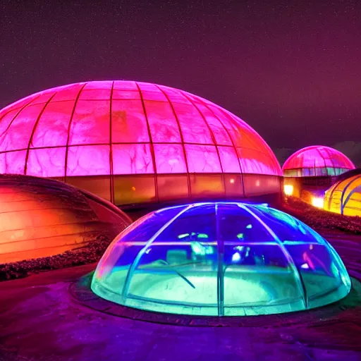 Prompt: neon igloos on a dark glass planet