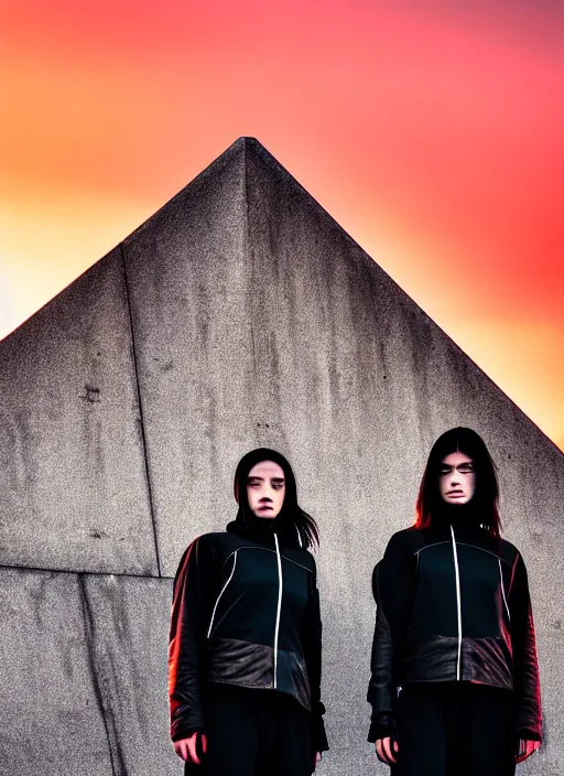 Image similar to cinestill 5 0 d photographic portrait of 2 women wearing black techwear in front of a brutalist sharp - edged metal building, closeup, on a desolate plain with a red sky, dystopia, cyberpunk, closeup, depth of field, 4 k, 8 k, hd, full color