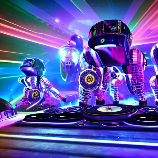 Image similar to album art, the band name is robo rock, trance music band with 3 steampunk robots on a dj desk with a cd mixer, 8 k, flourescent colors, halluzinogenic, multicolored, exaggerated detailed, front shot, 3 d render, octane