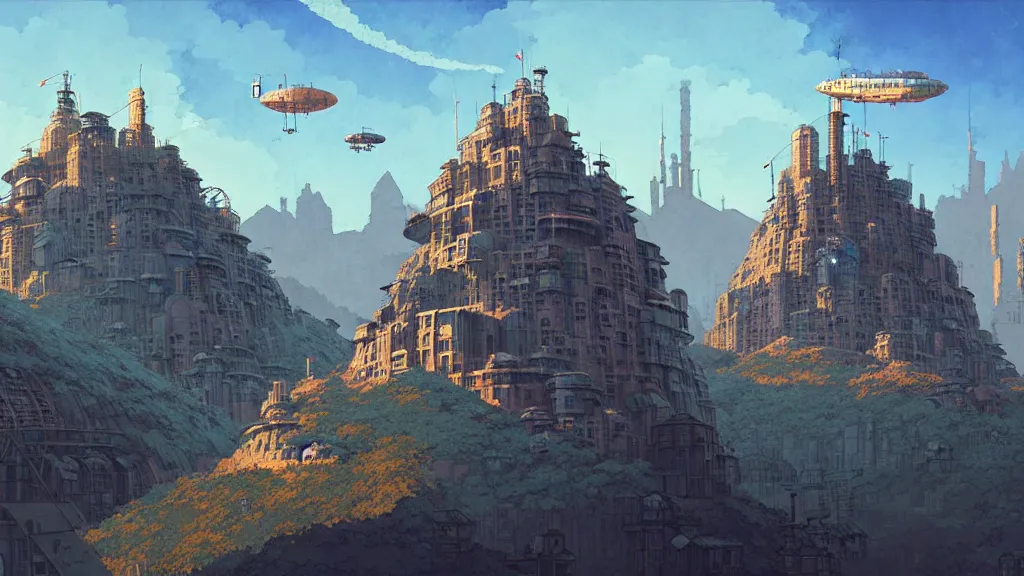 Prompt: A mountain surrounded by a metropolis by Craig Mullins, the city buildings are in a studio ghibli aesthetic, illustrative art of small steampunk airships flying around the city by Mattias Adolfsson
