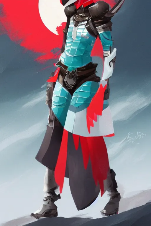 Image similar to female adventurer in tight full - body teal leather armor of japanese design with red accents and a white porcelain crow mask, trending in artstation, japanese, artstation, big moon in the background, establishing shot