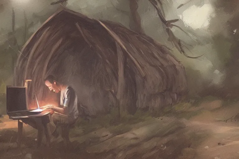 Image similar to A man in a hut in the middle of nowhere hand-cranking a generator while watching videos on his laptop, Charlie Bowater