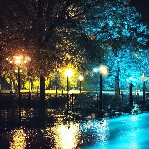 Prompt: park drowned in water with lots of lights at night magic cinematic style