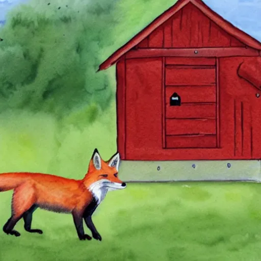 Image similar to a smug red fox in front of a hen house, watercolor illustration,