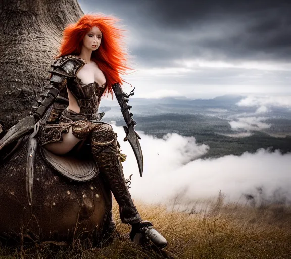 Image similar to a portrait photo of an armored female warrior redhead with antlers sitting on the edge of a giant mushroom that covers a whole town and reaches above the clouds by luis royo. intricate. lifelike. soft light. sony a 7 r iv 5 5 mm. cinematic post - processing