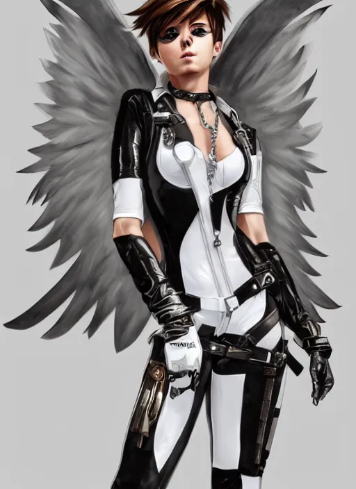 Prompt: portrait artwork of tracer overwatch, wearing white latex and leather straps catsuit outfit, in style of mark arian, angel wings, dramatic painting, wearing detailed leather collar, chains, black harness, detailed face and eyes,