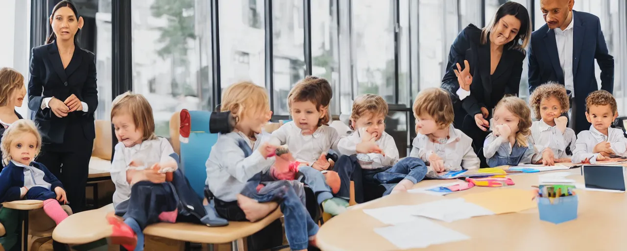 Prompt: toddlers in executive business suits sitting around a conference table having a board meeting in the middle of a preschool classroom as their parents stand outside nervously peering through the windows at the meeting